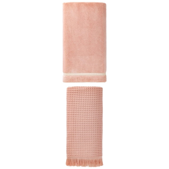 Unique Bargains Waffle Tassels Bath Towel 2 Pack Pink 71" x 35"/63" x 31"