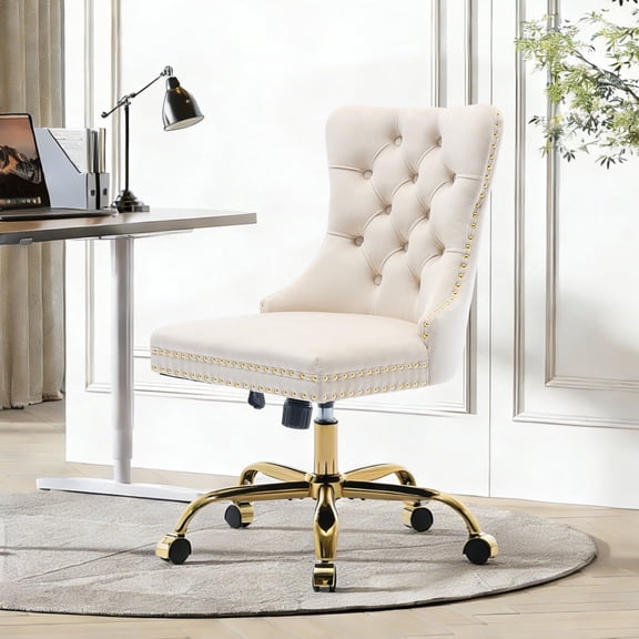 Modern Velvet Office Chair Adjustable Swivel Desk Chair with Golden Metal Base, Tufted Button Upholstered Comfortable Ergonomic Task Chair for Home Office, Beige