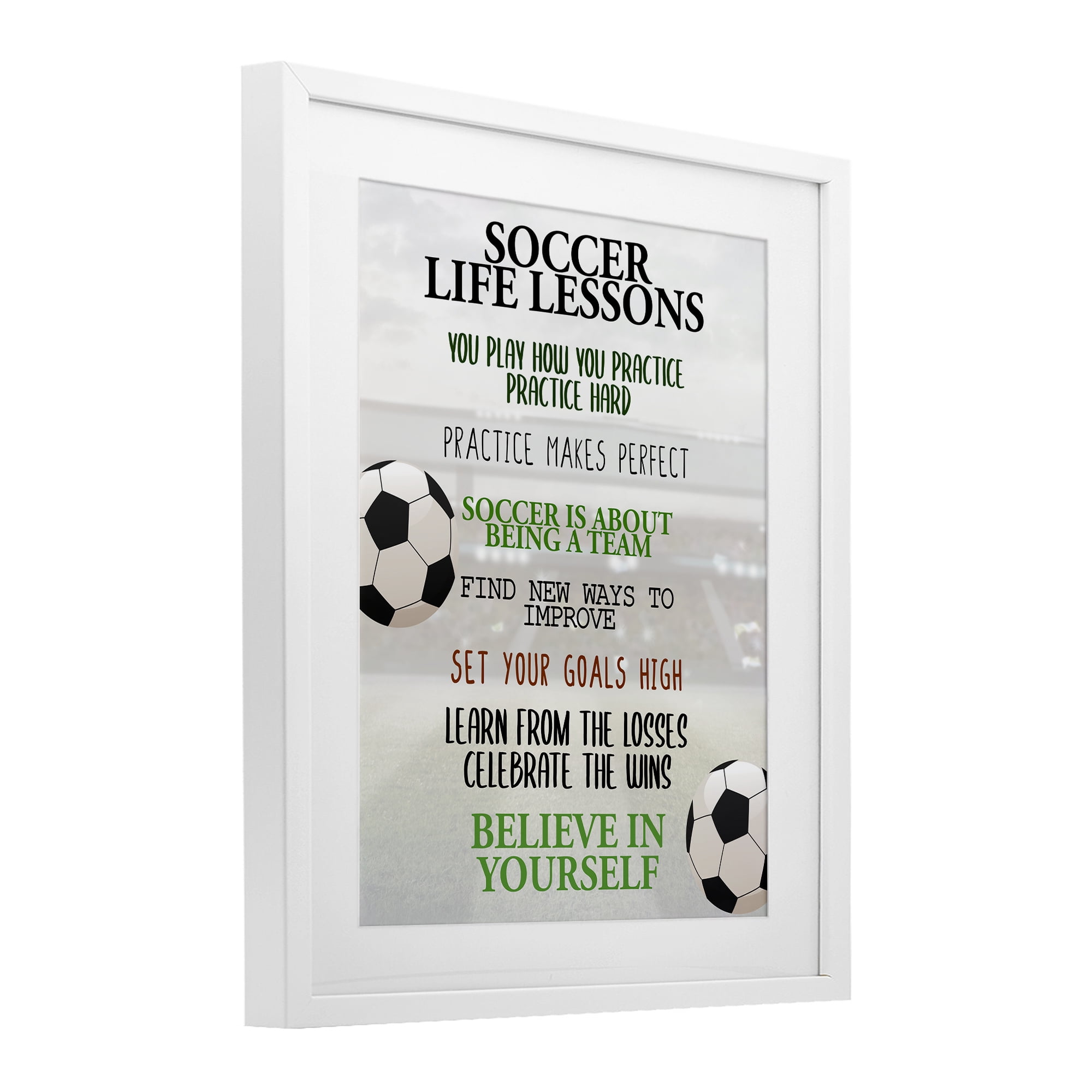 Soccer Life Lessons White Framed Print Under Glass, design by Kim Allen