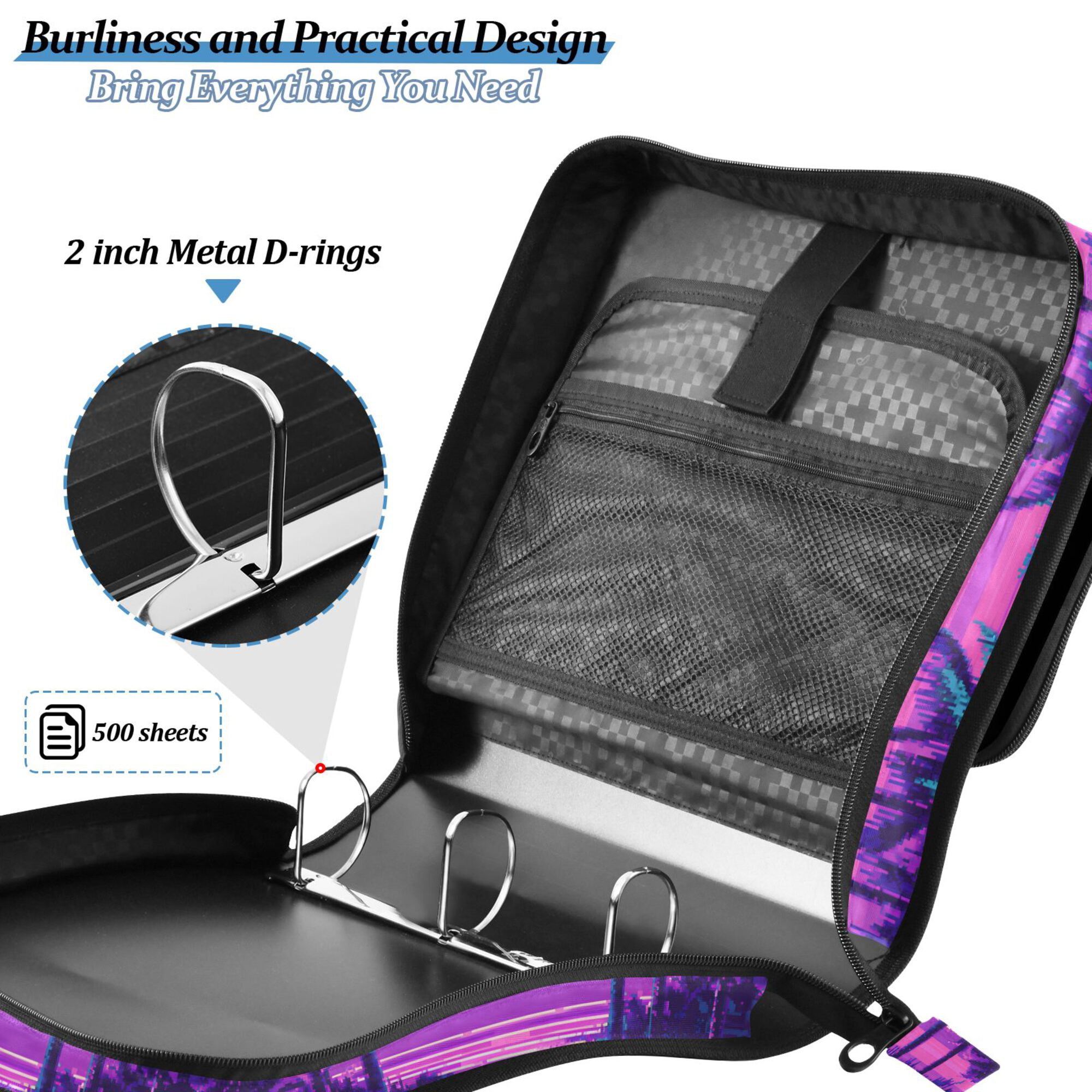 FORMRS Zipper Binder with Shoulder Strap 2-inch Ring 500 Sheet Capacity File Bag, Purple Digital Art