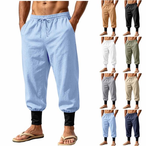 QSXADF Men's Casual Jogger Pants Loose Drawstring Pants Solid Linen Casual Jogger Pants With Drawstring Waist And Pockets Relaxed Long Mens Casual Trousers
