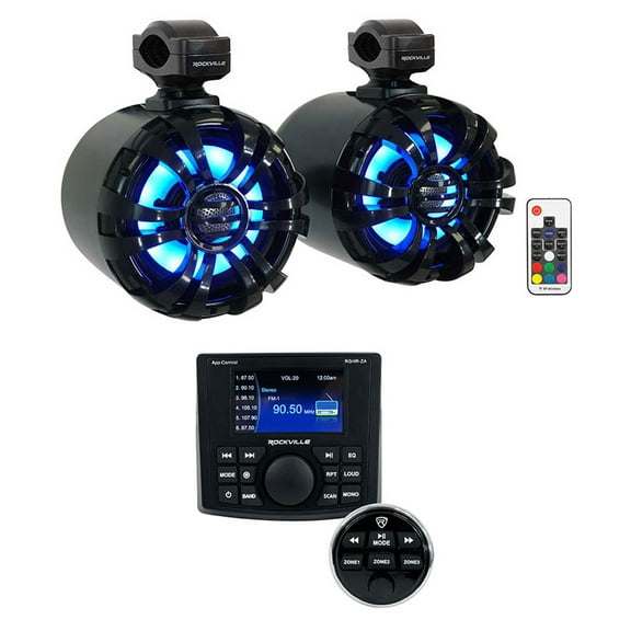 Rockville RGHR-ZA 4 Zone Marine Bluetooth Stereo 2) Black LED Wakeboard Speakers