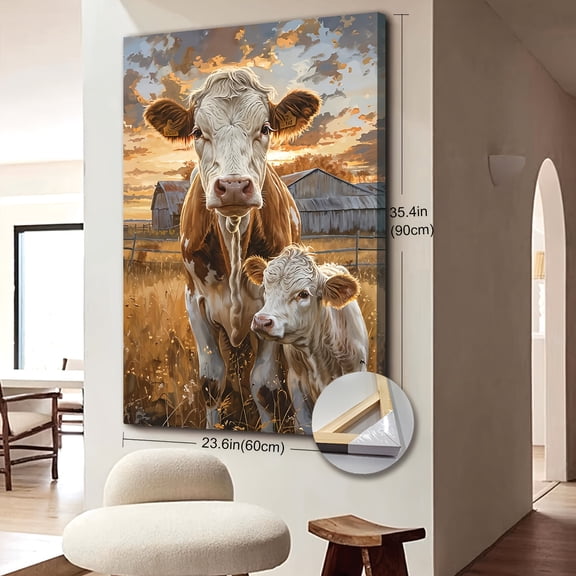 2D Flat 1pc Wooden Framed Extra Large Canvas Wall Art, Rustic Farm Life Scene Framed Canvas Wall Art, Cow and Calf Grazing in a Meadow Painting Print, Barn Poster Animal Decor Gift