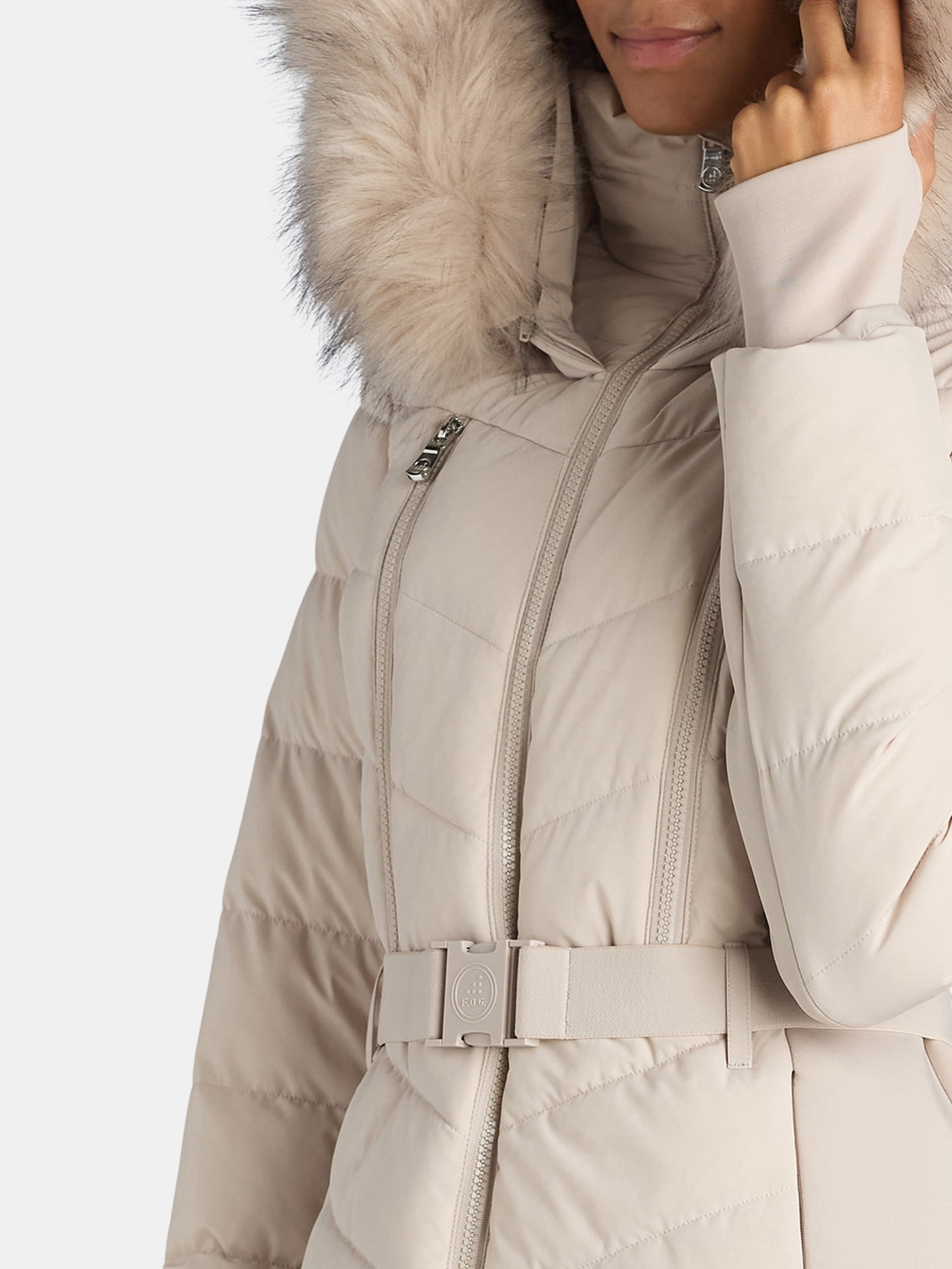 Cream puffer coat with fur hood discount
