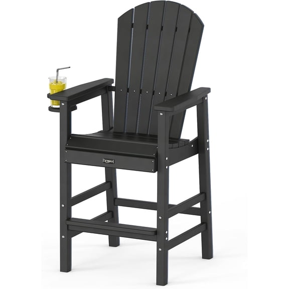 ZJTER Tall Adirondack Chair, All-Weather Plastic Adirondack Chair with Cup Holder Heavy-Duty Outdoor Barstools for Patio, Pool, Balcony,Backyard (Black, 1 PCS)