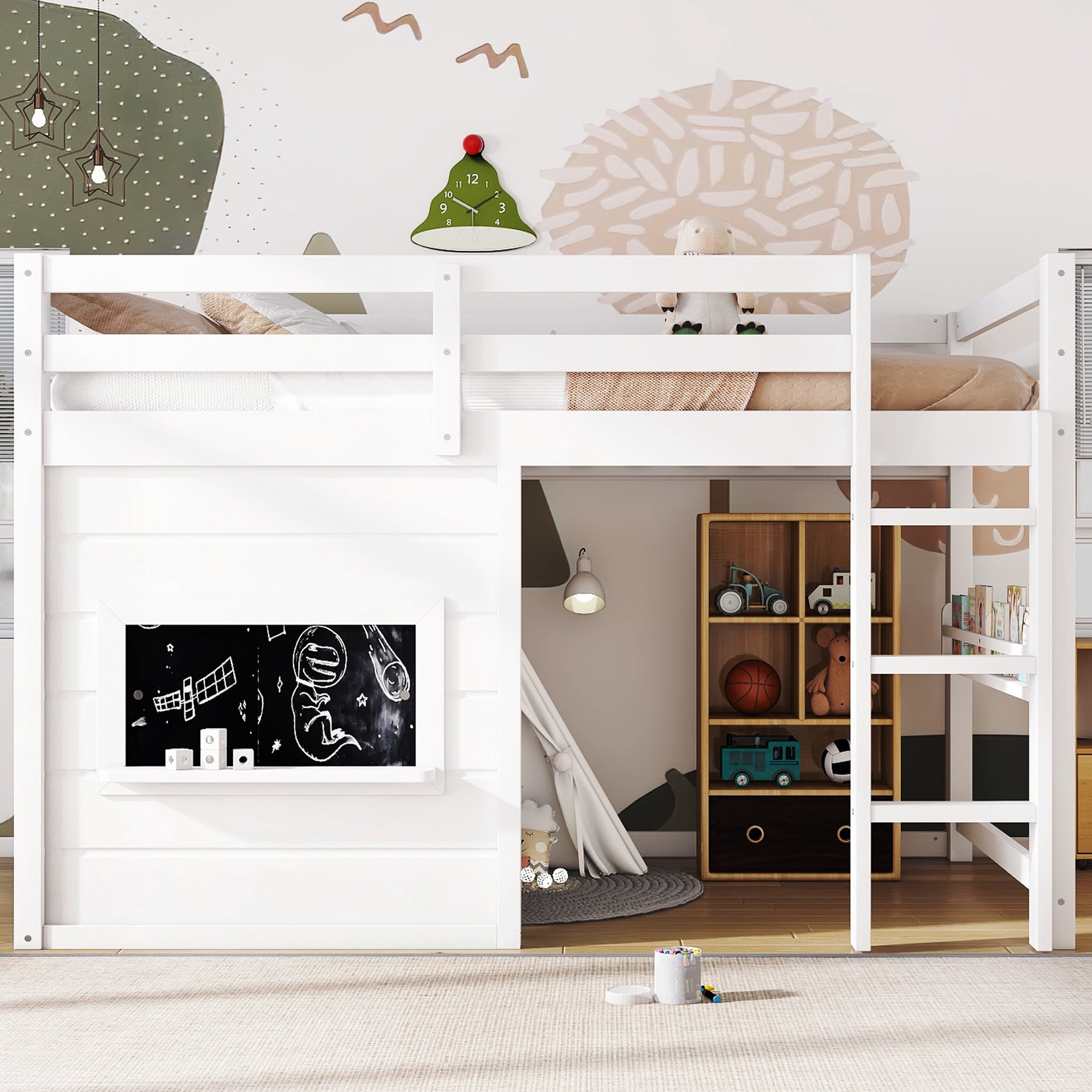 Leumius Twin Size Loft Bed with Storage Shelves,Solid Wood Low Loft Bed Frame with Chalkboard and Bookshelf,Space Saving,White