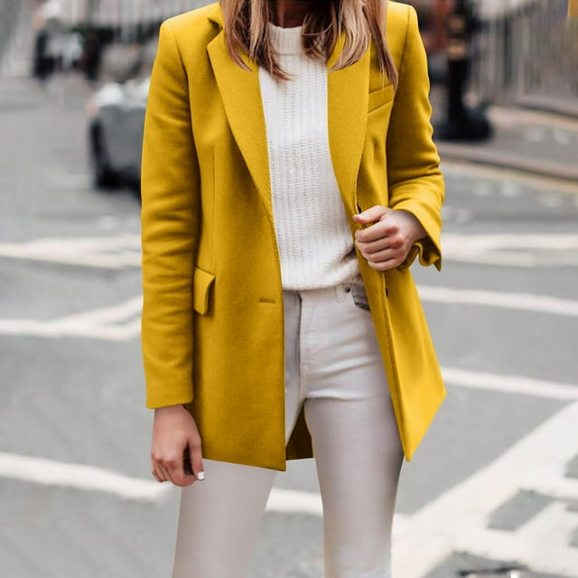Chaqueta de traje de lana de manga larga sin capucha para mujer, informal, cálida, de longitud media, de color liso, de moda, de color liso
