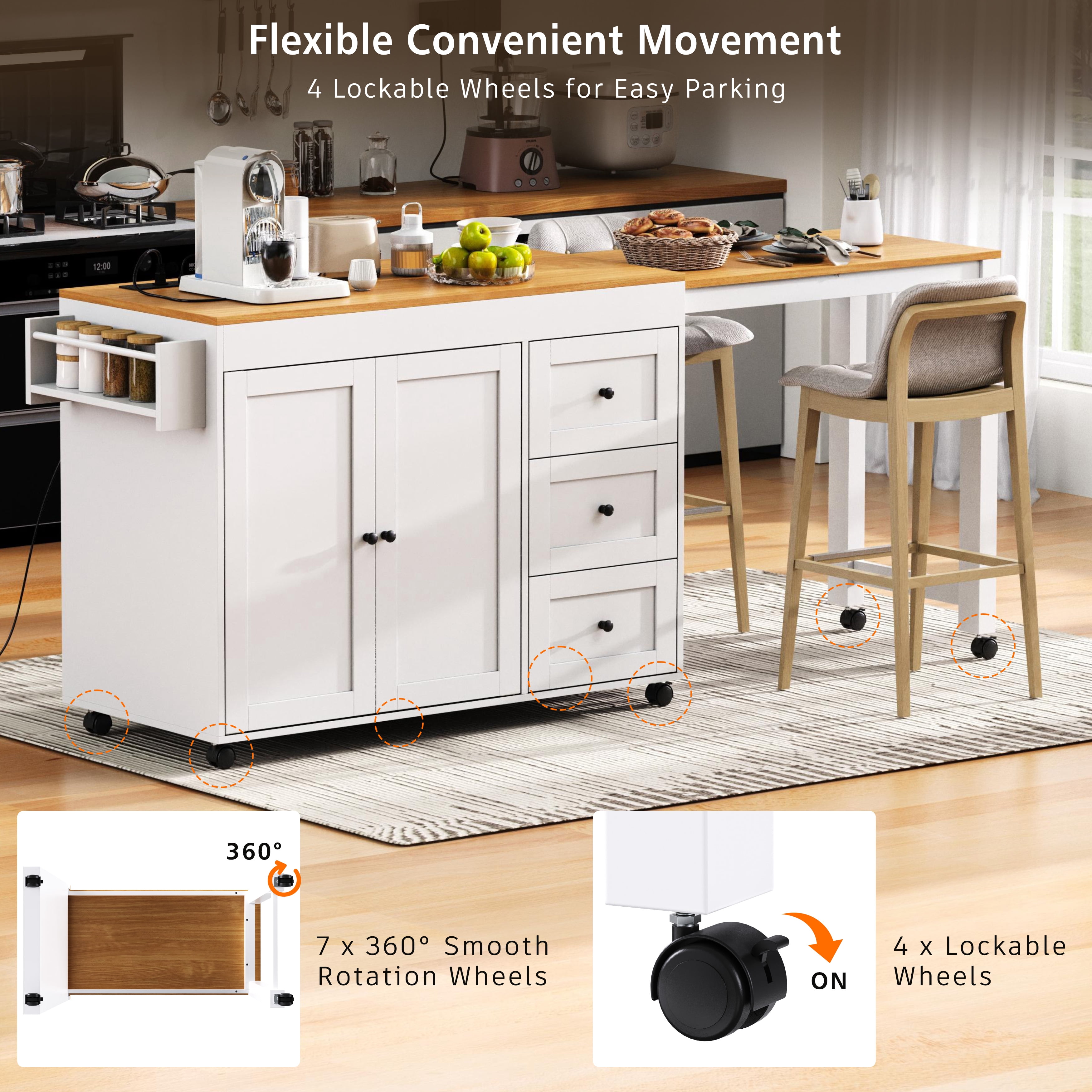74.8-Inch Kitchen Island with Extendable Dining Table and Power Outlet, Rolling Kitchen Cart with 3 Drawers and Spice Rack for Kitchen, White
