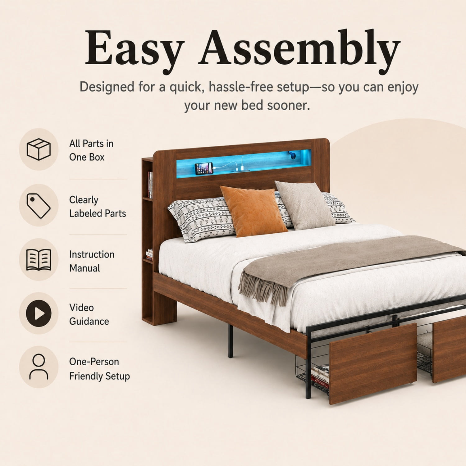 Miniyam Full Farmhouse Bed with Storage Headboard, LED Lights and Charging Station, Platform Bed Frame with 2 Drawers, Brown