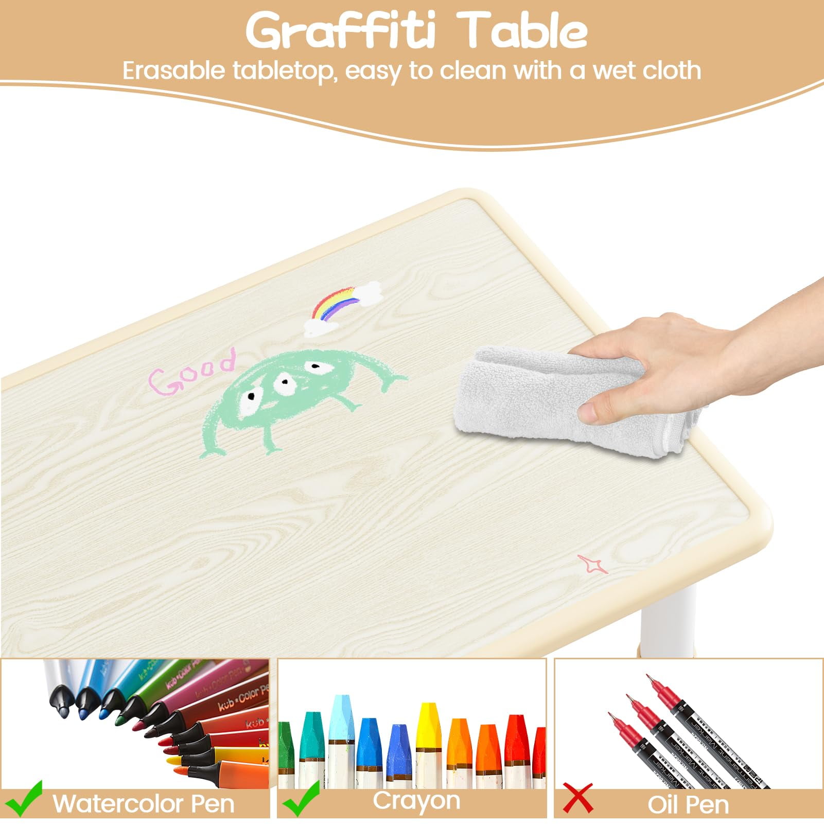 Huisuilinss Kids Table and 4 Chairs Set,Height Adjustable Toddler Table and Chair Set, Graffiti Desktop, Multifunctional Toddler Table for Reading, Drawing, Eating, for Ages Over 3, 23.6''Wx47.2''L