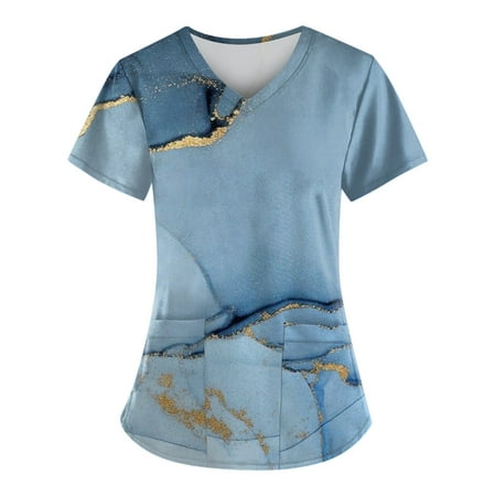 

Mlqidk Scrub Tops for Women Marble Printed Short Sleeve Nurse Working Uniform Summer V Neck Holiday Tunic Blouse with Pocket Blue XL