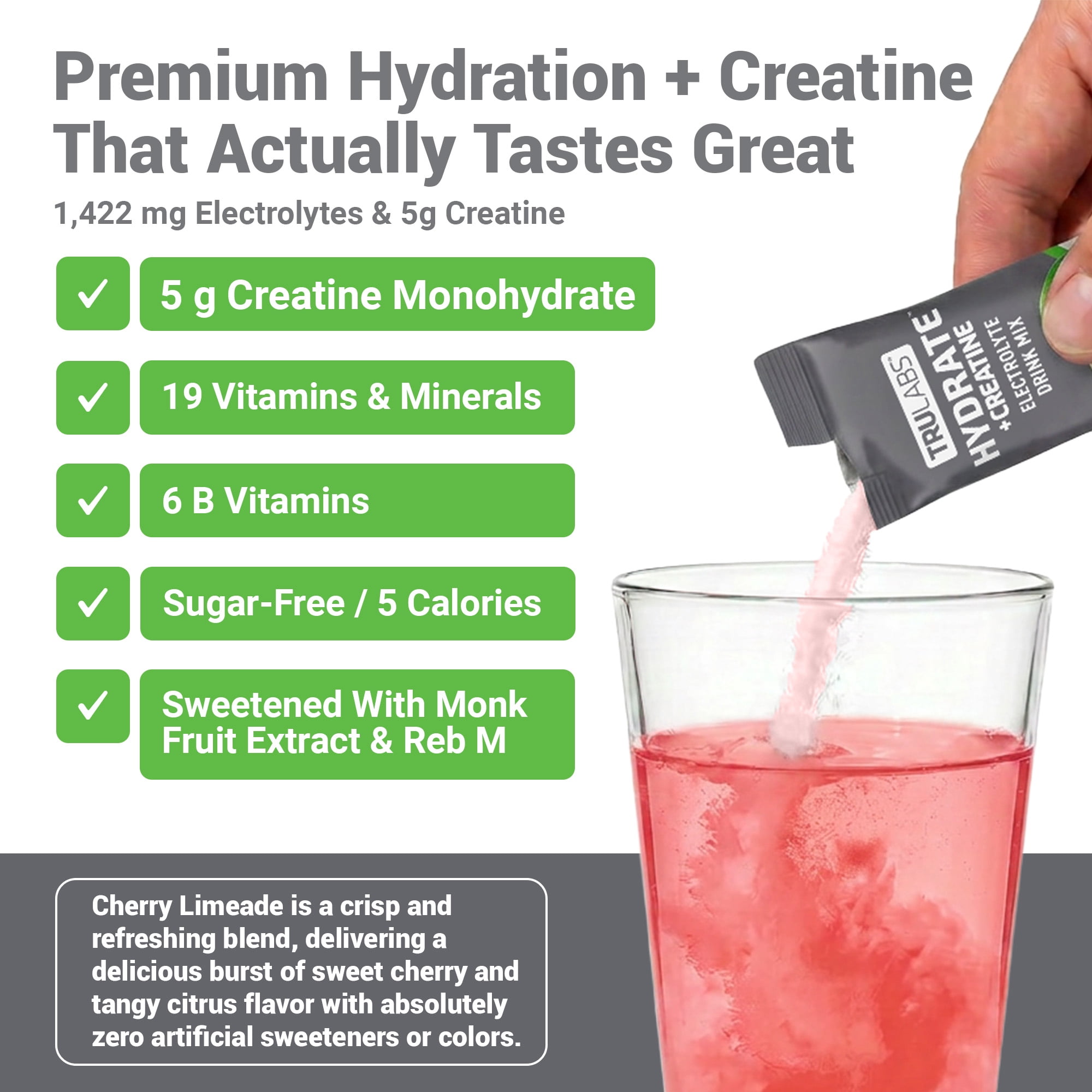 TruLabs Hydrate + Creatine Powders Cherry Limeade, Electrolyte & Creatine Drink Mix, 16 Stick Packets