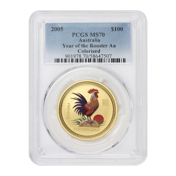 Australia 2005 Gold $100 Year of the Rooster Colorized PCGS MS70 Perth Mint Coin