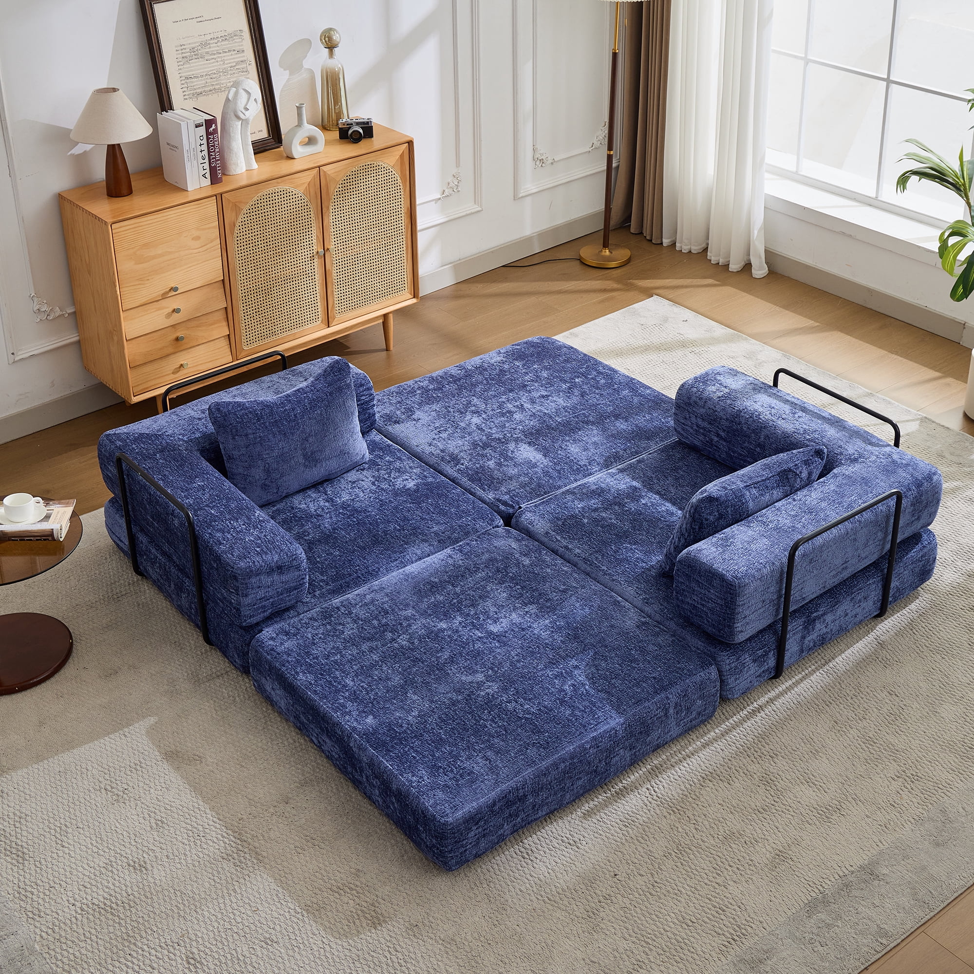 Miniyam Convertible Chenille Sofa Bed Couch, Modular Folding Floor Sleeper with Armrests, Space Saving Design for Living Room, Blue