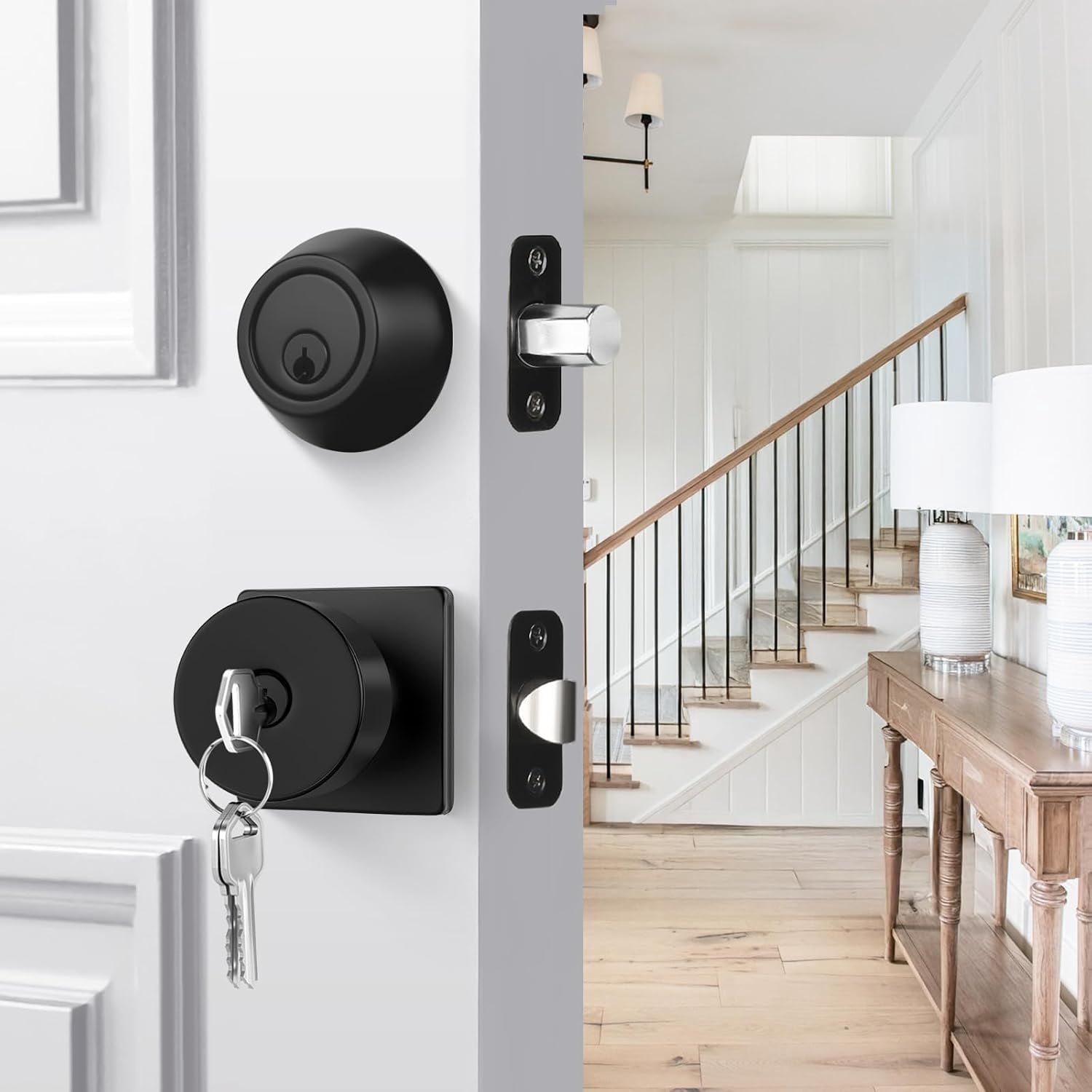 Matte Black Exterior Door Knob with Lock and Key, Keyed-Different Deadbolt Lock and Door Knob Set 3 Pack Set