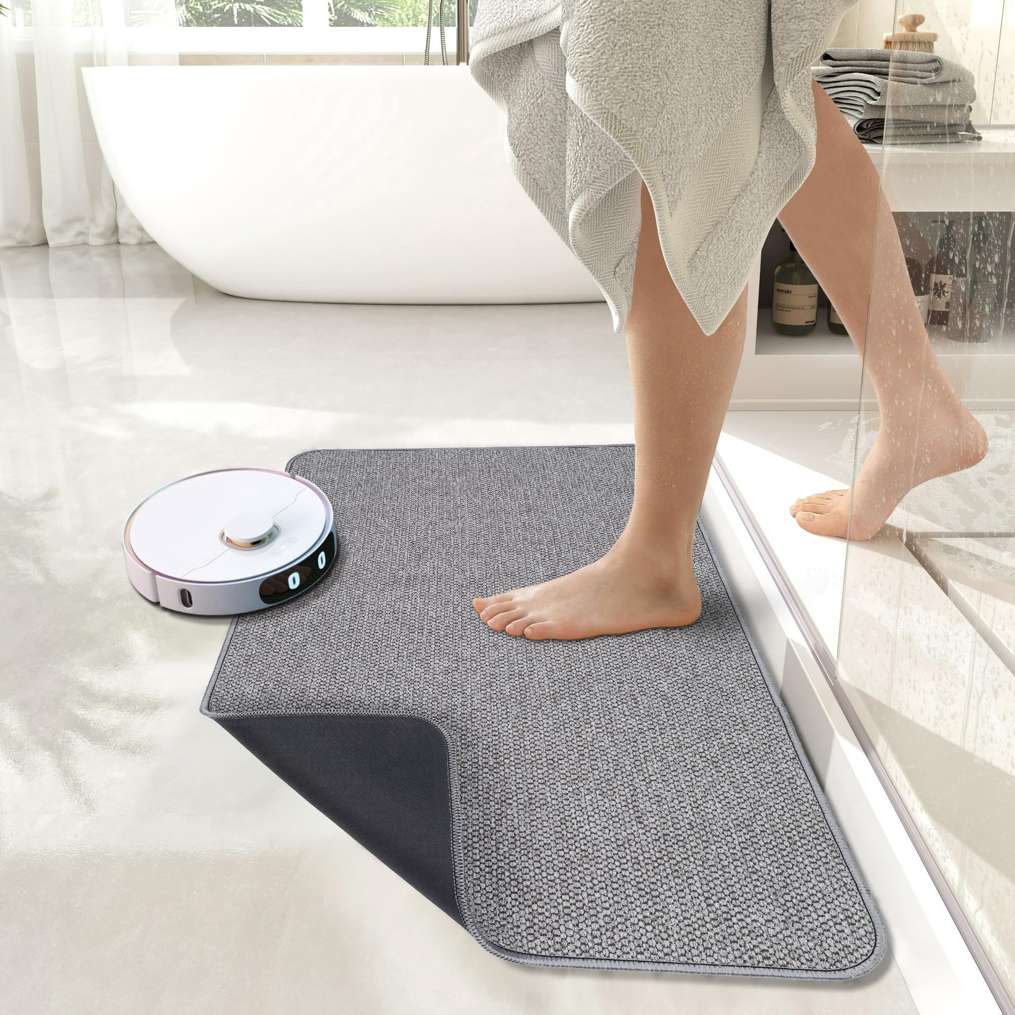 ,Bath Mat,Ultra Thin Bathroom Rugs,Rubber Bath Mats for Bathroom Non Slip Quick Dry Washable Fit Under Door,Absorbent,Bath Rugs Outside Shower,Sink(White,17''x27'')