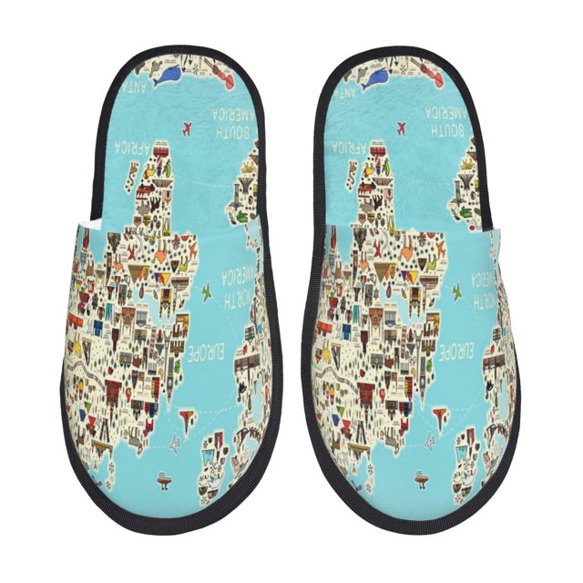 Fotbe World Travel Line Icons Map Pantuflas Peludas para Mujer con Estampado, Zapatillas de Peluche, Zapatos de Invierno para Casa, Uso Interior y Exterior-Large