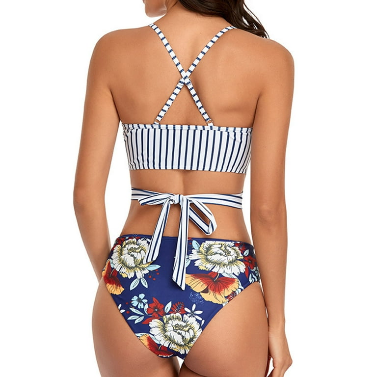 Women Bikini Swimsuit 2 Piece Striped Tank Tops Floral Print Panties  Bathing Suit for Beach Party