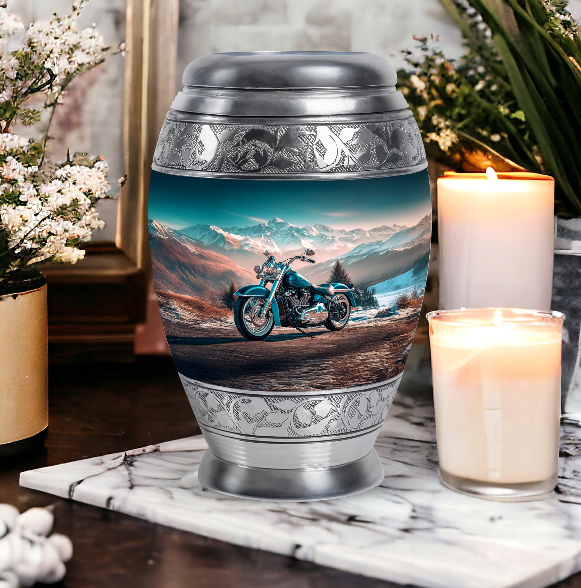 Bike Funeral Urns For Human Ashes Adult Man, Mountain Decorative Urn For Adult Male And Female - 1 Large 10 Inch, Blue Cremation For Mother And Father- 3 Inch Small Set Of 4