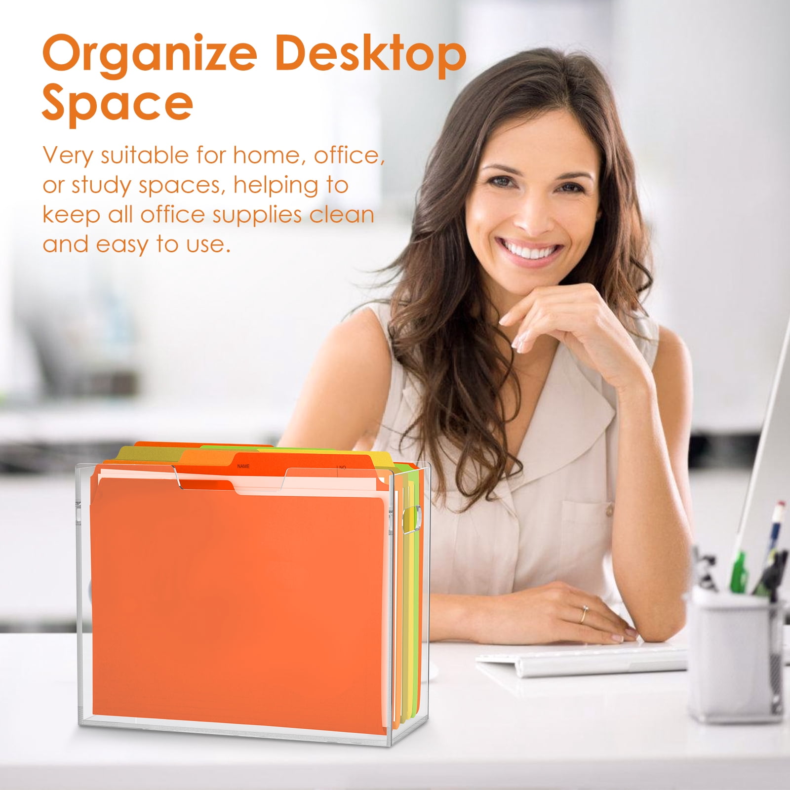 Grusce Acrylic File Folder Organizer, Clear Hanging File Organizer Box for Letter Size, Desktop File Holder with Handles, Slim Filing Storage Box for Desk Office Home Work