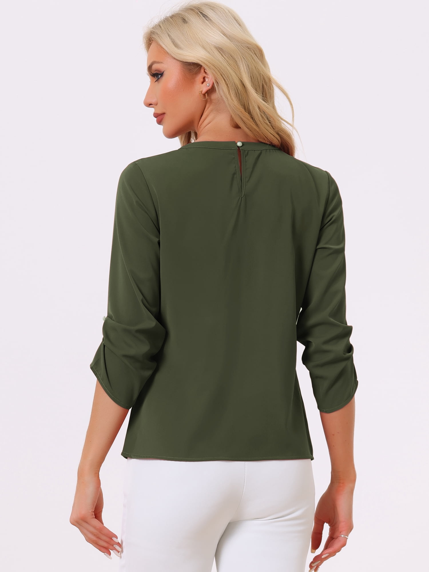 DARING DIVA Round Neck Keyhole Pleated Shirred Work Top XS Army Green