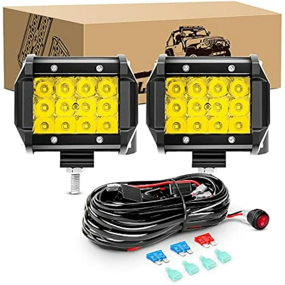Waywe 2PCS 4" Amber LED Pods 36W Triple Row Flood Light Bar Fog Light 3600LM Driving Lighting with 16AWG Off Road Wiring Harness-2 Leads for Truck Golf Cart SUV ATV UTV Boat, Clear,Yellow (Auto-650)