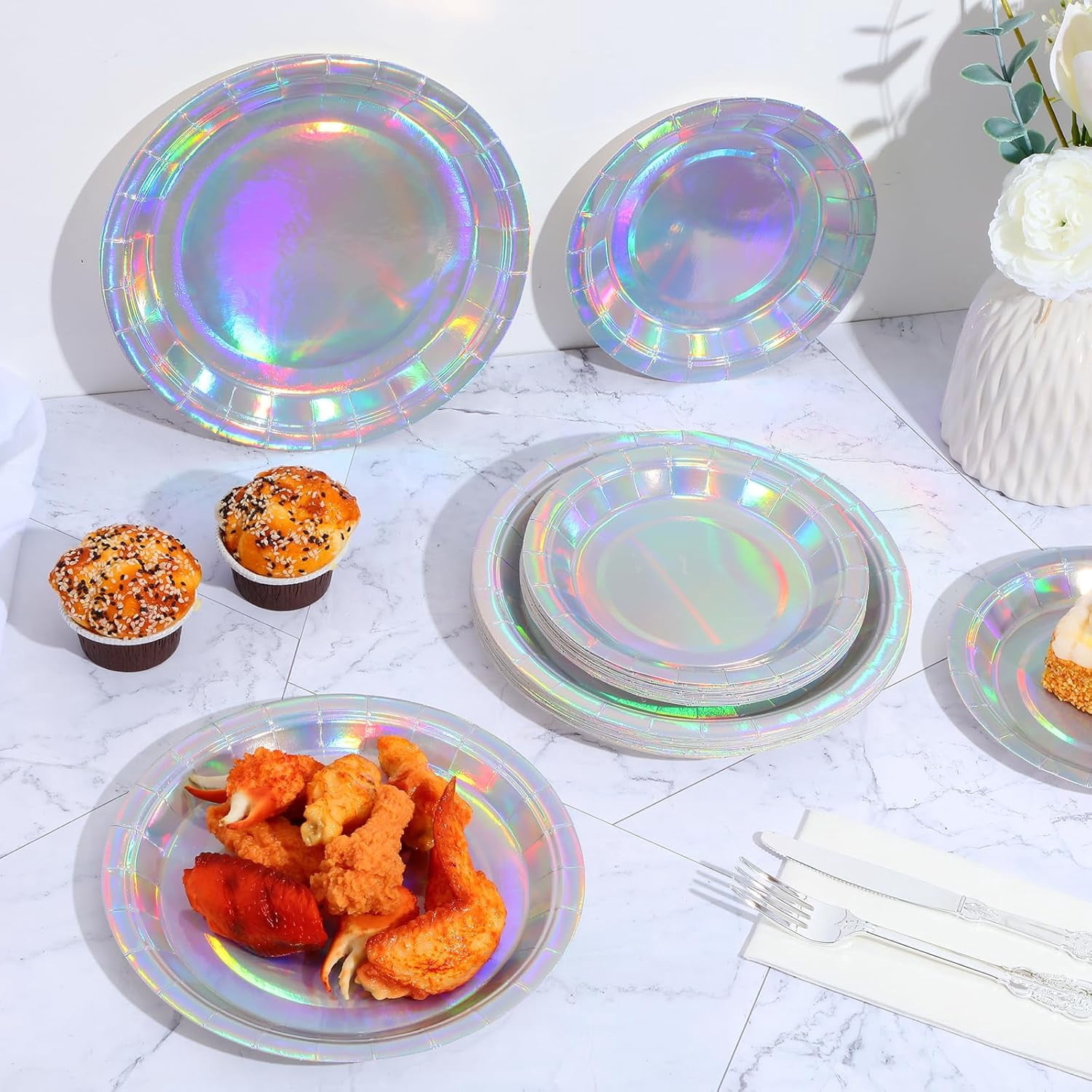 100Pcs Iridescent Disposable Paper Plates, 9" Holographic Round Plates, Premium Disposable Dessert Plates for Appetizers Salads Pizzas for Birthdays Baby Showers Weddings & Disco Party