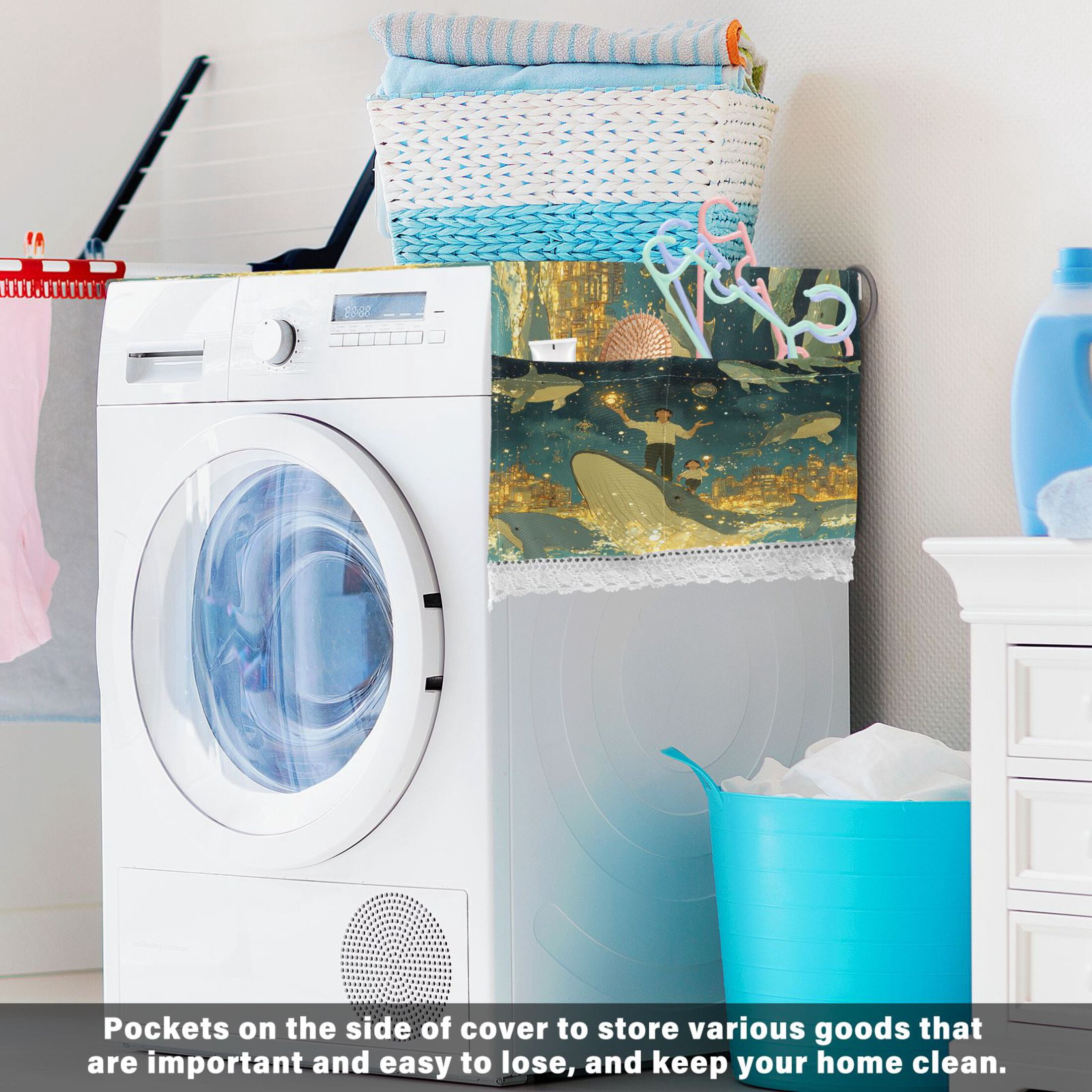 A Sea Full Of Golden StarsWasher and Dryer Covers Dust-Proof and Oil Resistant Fridge Cover with 4 Storage Pockets Washing Machine Top Cover for Laundry Kitchen Home 51.2 x 22 In