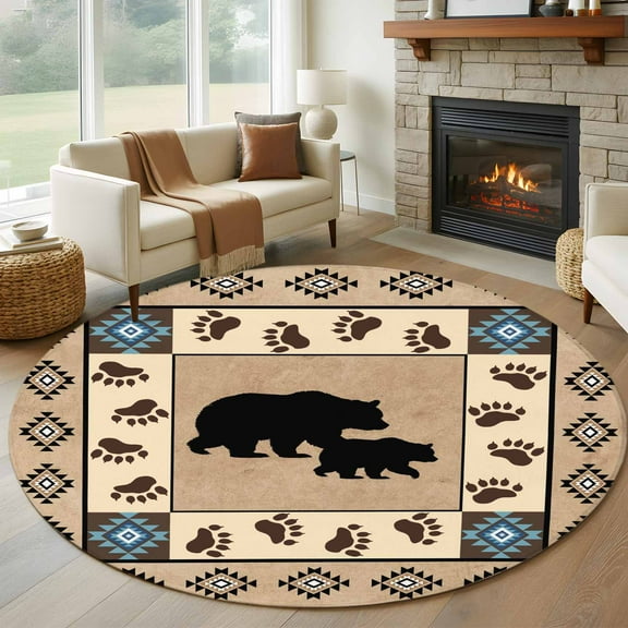 Farmhouse Bear Round Rug 5ft Washable Circle Kitchen Rugs Non Slip Country Vintage Animals Paw Print Brown Large Area Rug Indoor Floor Carpet for Bedroom Living Room Home Office Dining Room Nursery