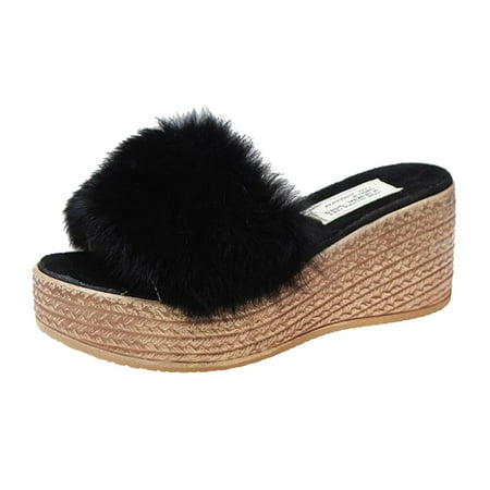 

Slippers For Women Kawaii Ladies Fashion Solid Color Fluff Open Toe Waterproof Platform Thick Bottom Slope Heel Slippers