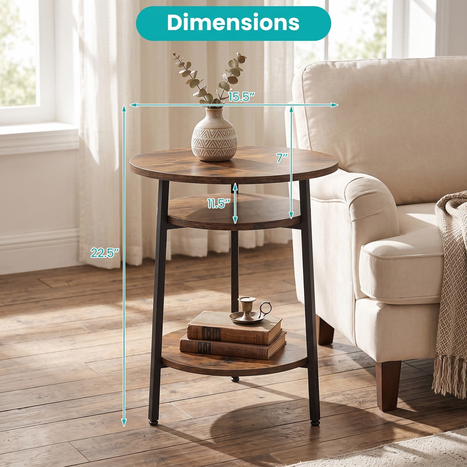Furnibear Set of 2 Round Side Table with Storage Shelf and Metal Frame, 2-Tier Nightstand End Table for Living Room Bedroom Small Spaces, Rustic Brown