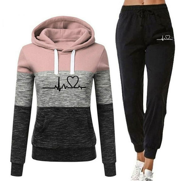 2 Pcs/Set Fall Winter Hoodie Pants Set Printed Colorblock Drawstring Patch Pocket Top Drawstring Elastic Waist Ankle-banded Trousers Lady Tracksuit Sport Outfit
