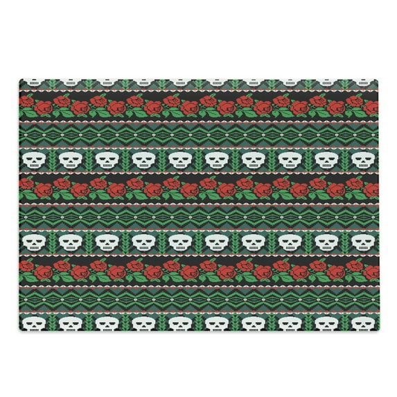Skull Cutting Board, Mexican Folkloric Art and Roses Knitted Seem Pattern Traditional Borders Print, Decorative Tempered Glass Cutting and Serving Board, Large Size, Green White Red, by Ambesonne