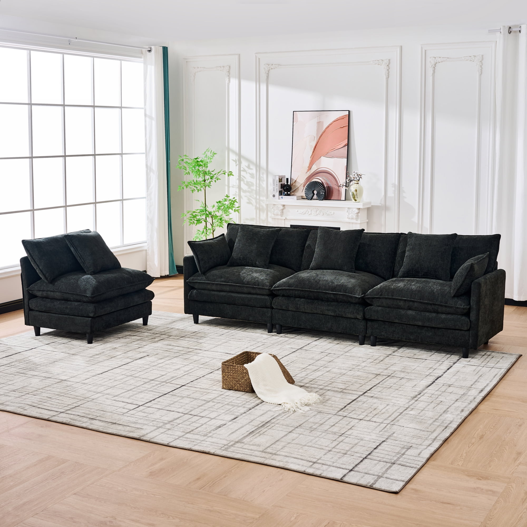 U-Shaped Modular Sectional Sofa with 2 Movable Ottomans and 6 Cushions, 140.9-Inch Soft Chenille Fabric Corner Couch for Living Room, Black