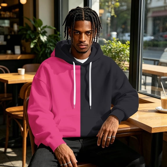 Men's Half and Half Split Color Hoodie Pullover Sweatshirt, Two Tone Color Block Drawstring Hood Kangaroo Pocket Long Sleeve Athletic Streetwear Outdoor Casual Hooded Top Pink 3XL