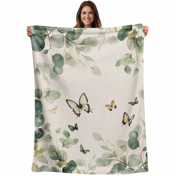 Eucalyptus Leaves Blanket Soft Cozy Warm Throw Blanket for Couch, Plush Fuzzy Flannel Fleece Blankets for Sofa, Spring Summer Botanical Sage Green Rustic Bed Blankets Gifts for Men, 50"x80"
