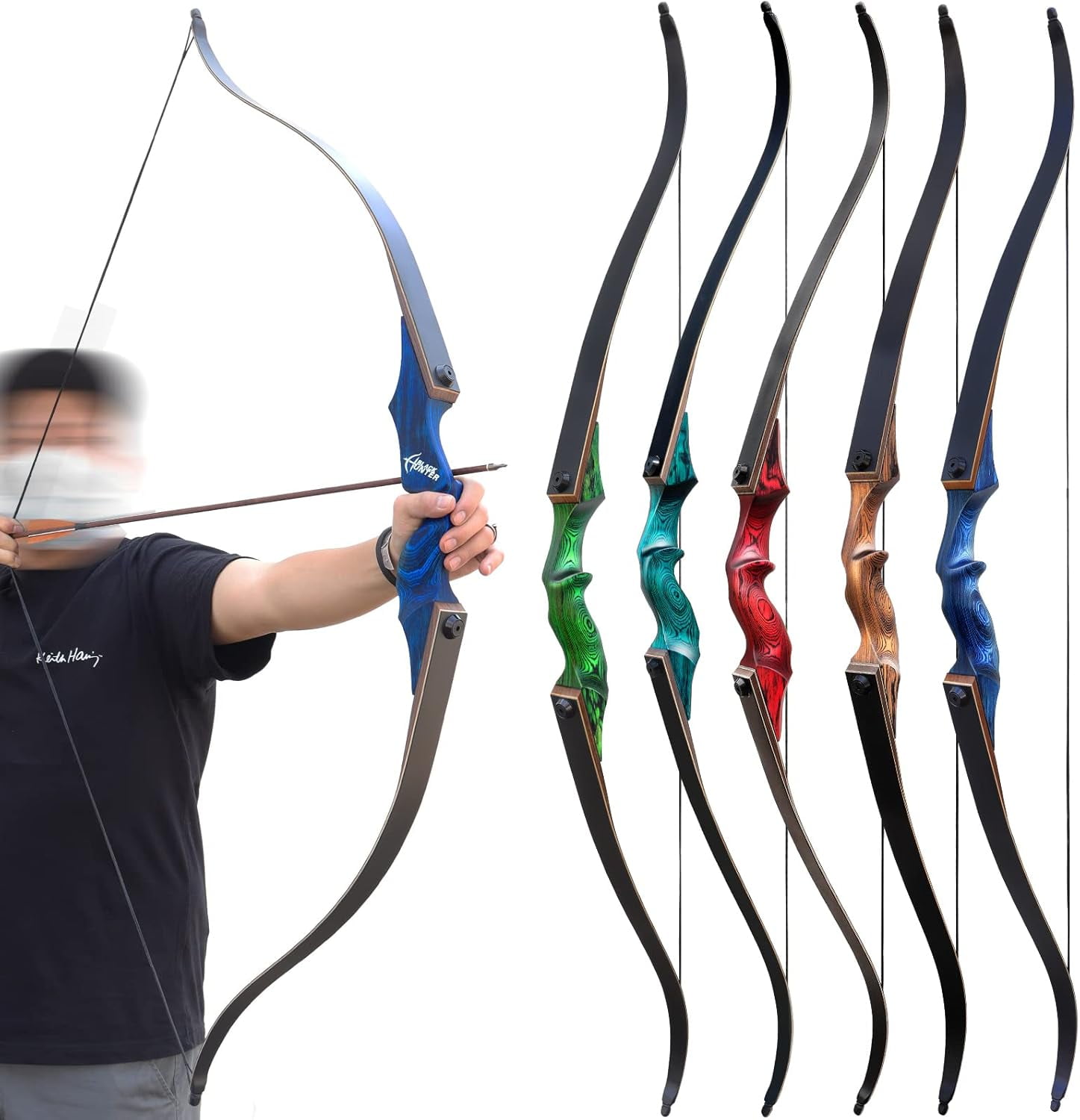 60" Black Hunter Archery Takedown Recurve Bow for Adults 5 Color Choice Recurve Bow Set 20-60lbs Solid Wood Bow Riser Bow and Arrow Adult for Hunting Archery Bow LH RH