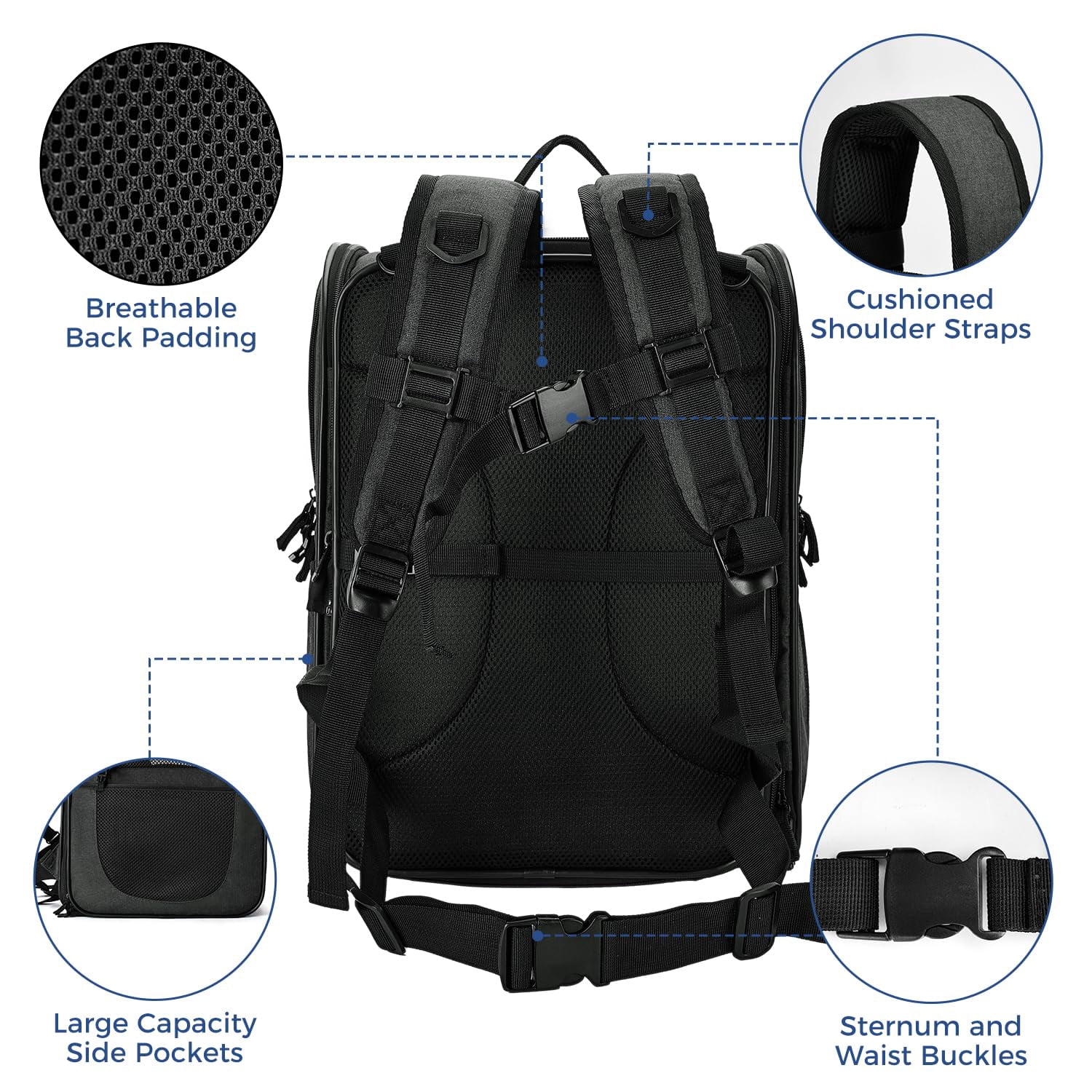 Expandable Pet Carrier Backpack - Safety Design & Cushioned Back Support for Small/Large Cats Dogs Puppies - Black, Travel Hiking Outdoor