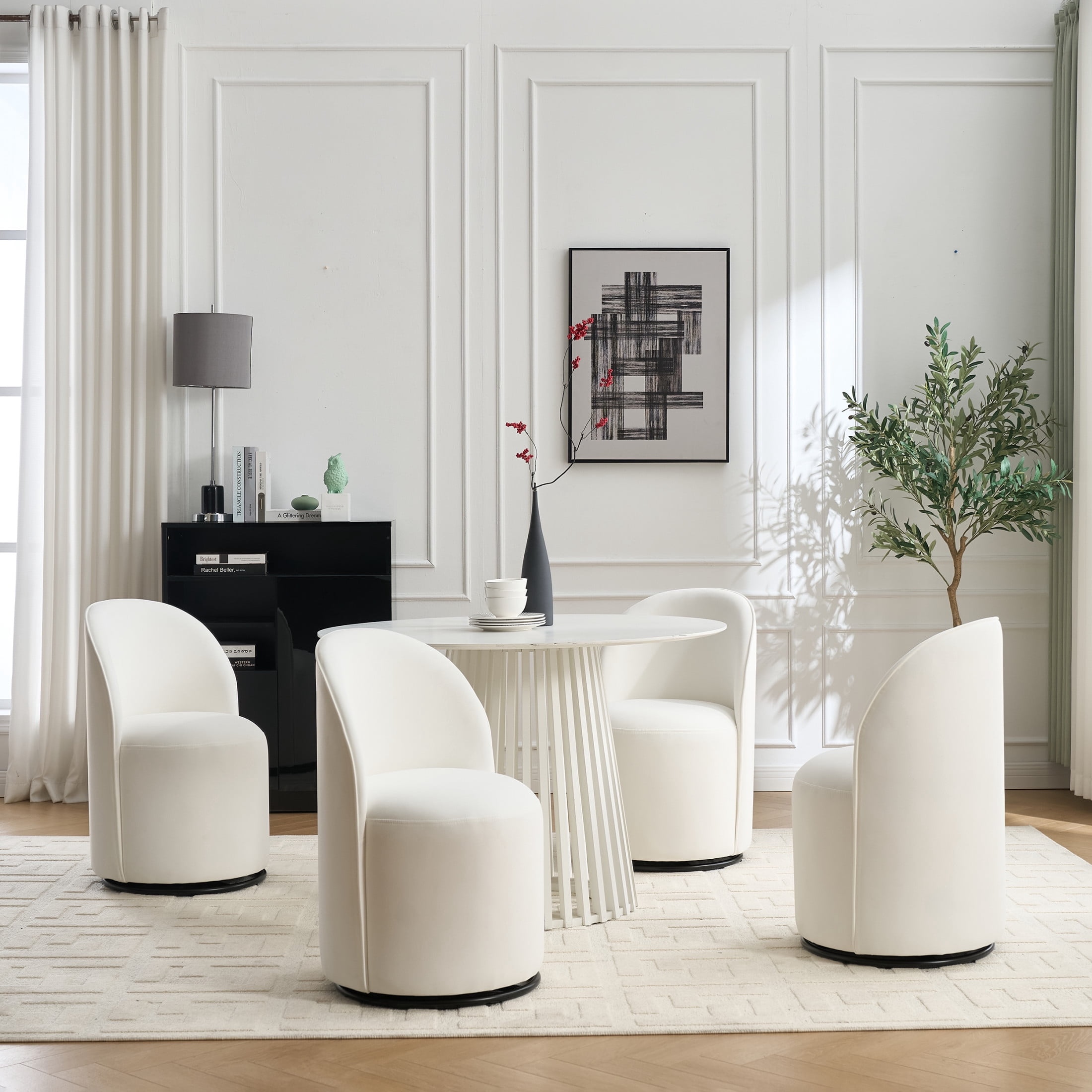 Noble House Mid Century Modern Velvet Swivel Barrel Dining Chair, Set of 1, Cream