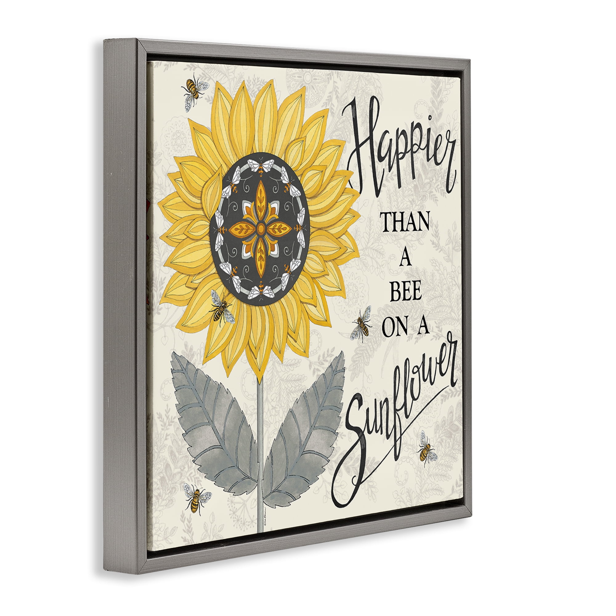 Stupell Industries Happier Than Bee & Sunflower Plants & Flowers Painting Gray Floater Framed Canvas Art Print Wall Art, 25 x 25