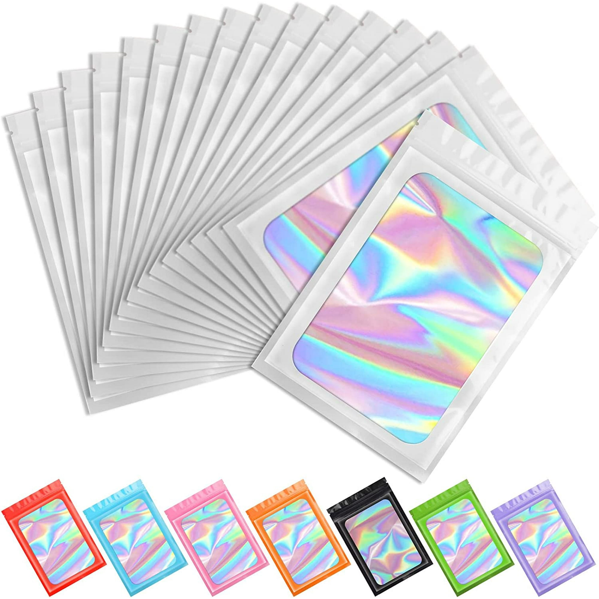 SURJDE Funfery 100 pcs White Smell Proof Mylar Holographic Bags Packaging Bags Clear Resealable Odor Proof Bags Foil Pouch Bag for Food Storage Lipgloss Jewelry Eyelash Packing for Small Busin Walmart...