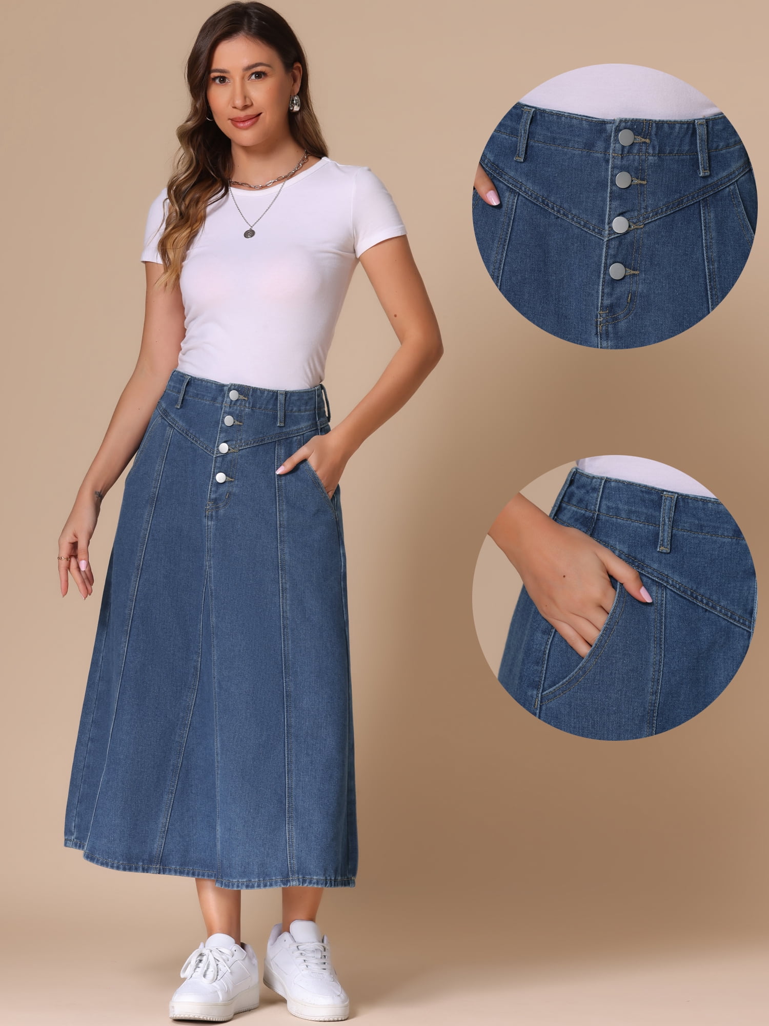 DARING DIVA Women's High Waisted A-Line Frayed Midi Skirt with Pockets M Blue