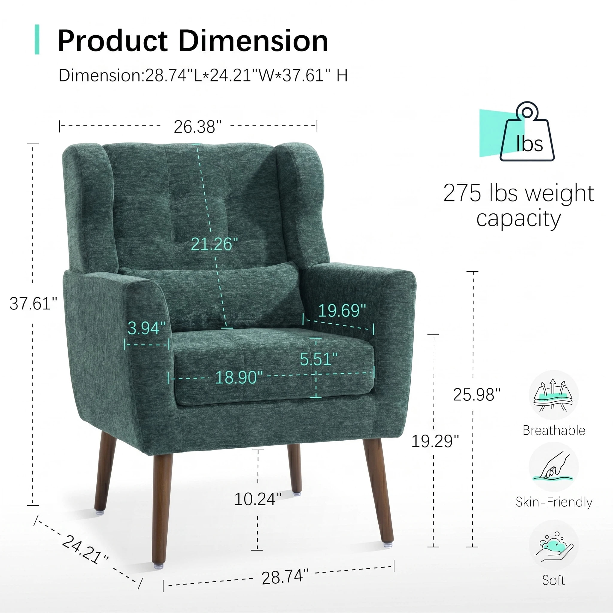 AISWORD Modern Accent Chair, Upholstered Armchair with Pillow, Fabric Single Sofa Chair with Lounge Seat and Wood Legs Accent Chair for Living Room Bedroom Small Spaces, Blackish Green