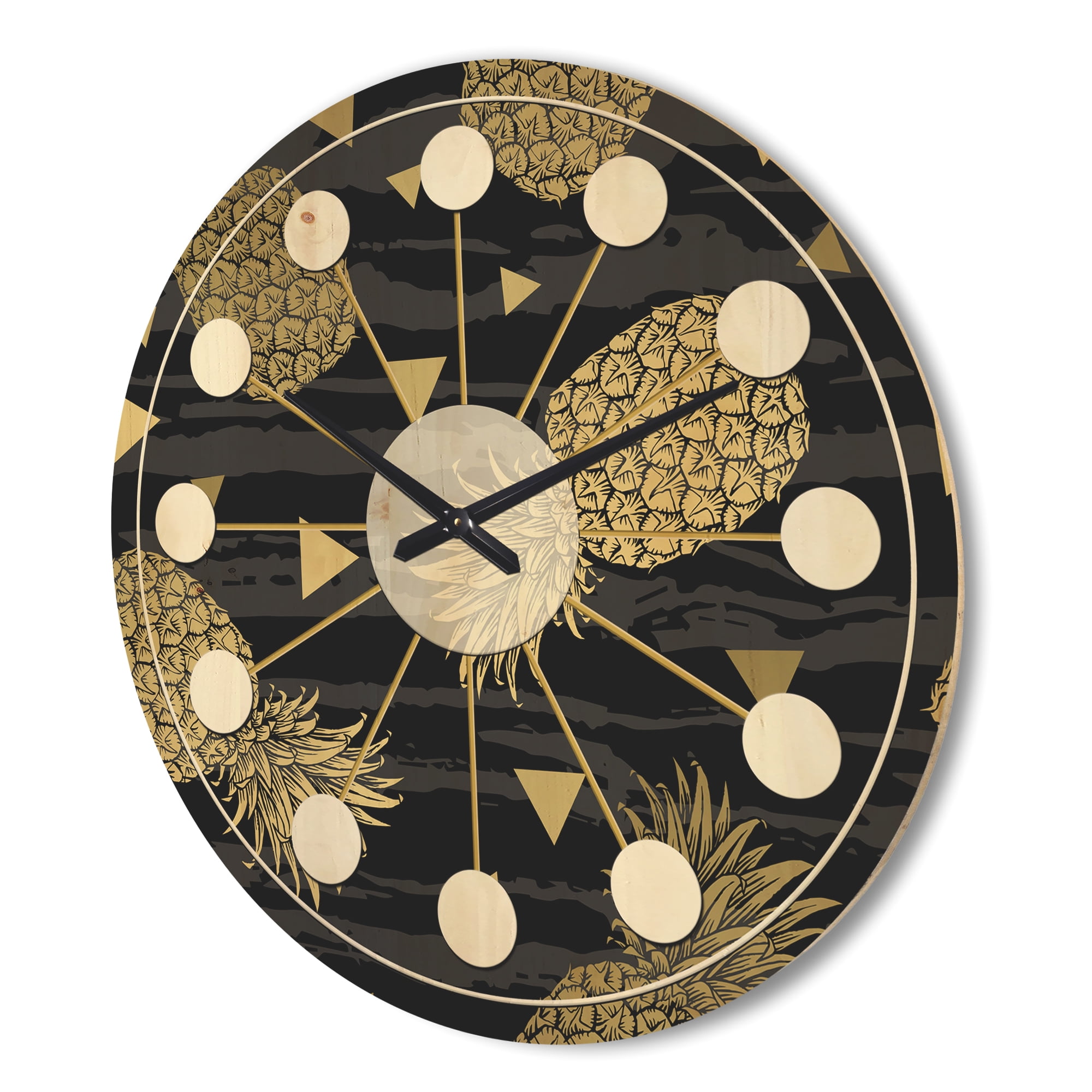 Designart 'Golden Pineapple On Black Horizantal' Mid-Century Modern Wood Wall Clock