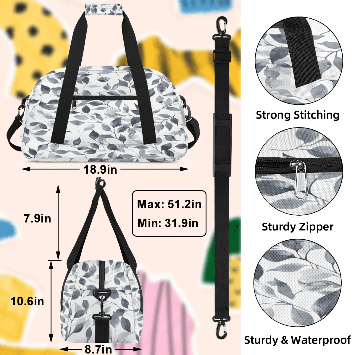 Herdesigns Gray and White Sports Duffle Bag for Women & Men, Leaves Gym Bag Dance Bag Overnight Bag Carry On Weekender Travel Bag