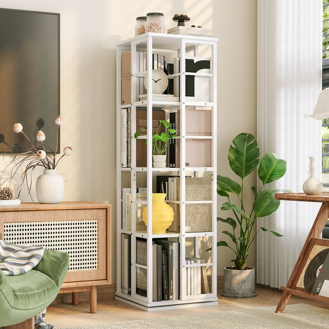 4-Tier Rotating Bookshelf, Freestanding Corner Bookshelf, 360° Spinning Bookcase, Industrial Style Storage Rack Swivel Bookcase Corner Storage Organizer for Living Room, Bedroom, Study
