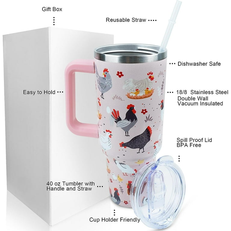 40 oz Tumbler with Handle and Straw Lid Leak Proof, Chicken and Rooster  Design Coffee Travel Mug with Handle Insulated for Hot and Cold Drink Ice