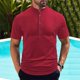 thumbnail image 1 of Blusa y camisa de manga corta con cuello alto para hombre, color liso, informal, con botones, de poliéster., 1 of 6