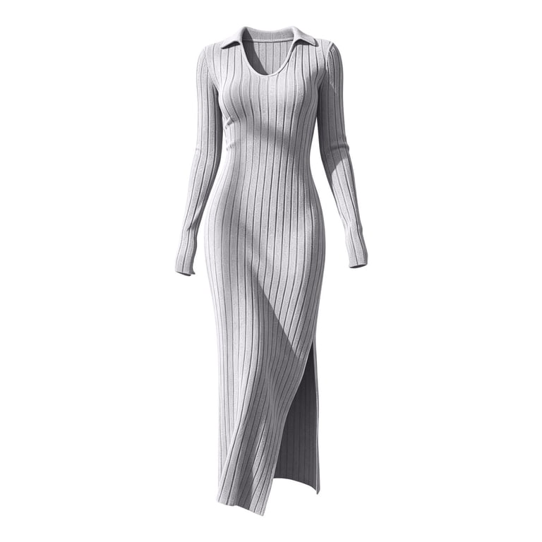 urban club dresses Ygbgbb Womens Long Sleeve Collared Ribbed Knit High Slit Slim Fit Maxi Bodycon for Night Street Outfit Gray XXL Color:Coastal White Pants:30 A Line Open Back Bodycon Invisible zip closure
