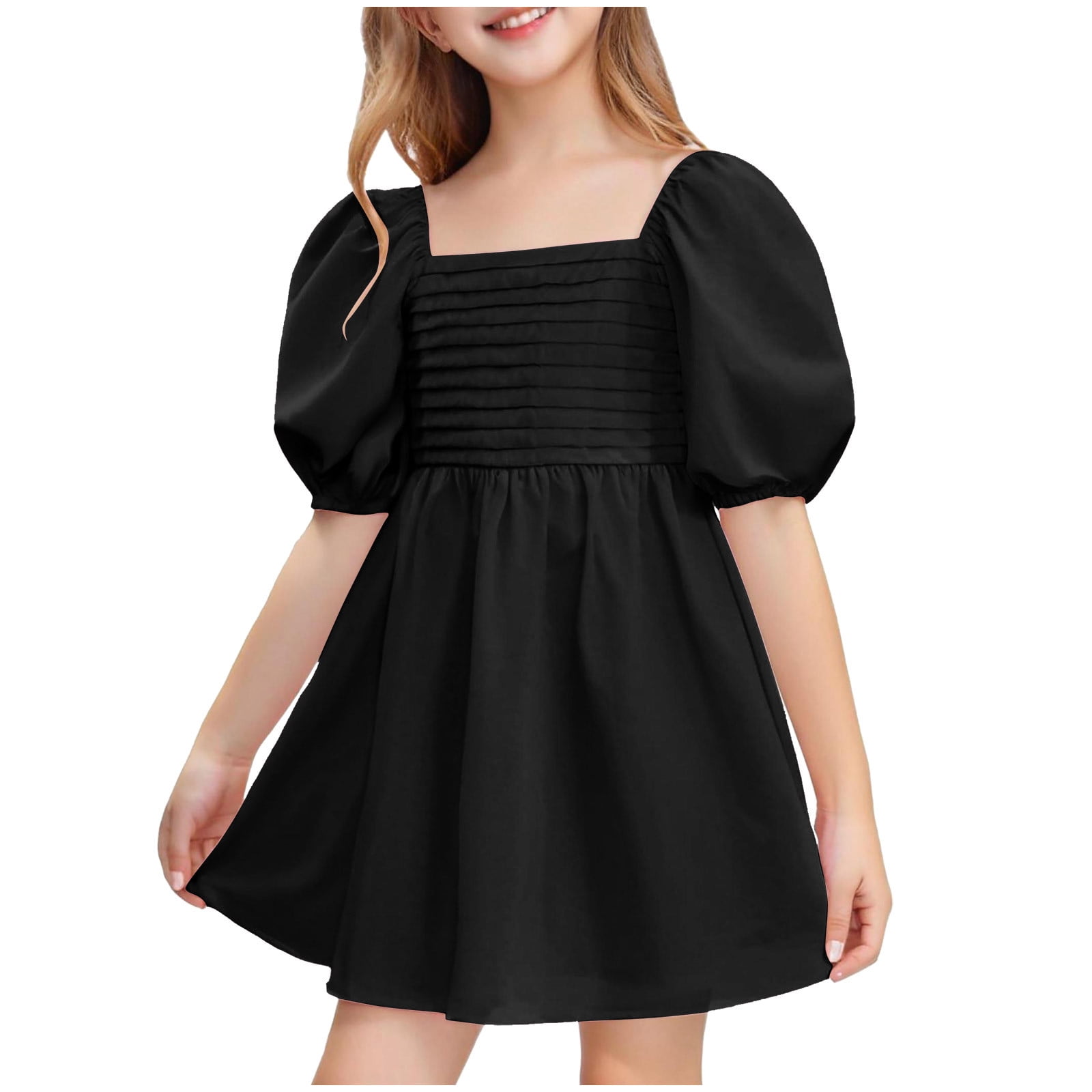 Gamivast Girls Dresses Summer Square Neck Puff Sleeve Dress A-Line